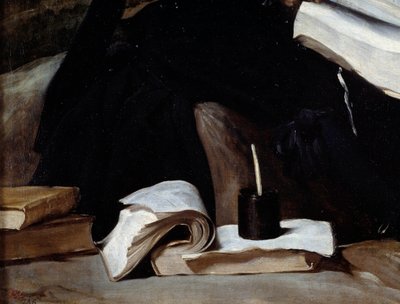 Portret błazna Diego de Acedo, detal. Książki. Obraz Diego Rodrigueza de Silva i Velasqueza (1599-1660) autorstwa Diego Velázquez