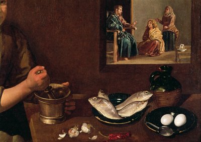 Scena kuchenna z Chrystusem w domu Marty i Marii (szczegół Pokarm na stole z Chrystusem, Martą i Marią w tle, zob. 99423), ok. 1618 autorstwa Diego Velázquez