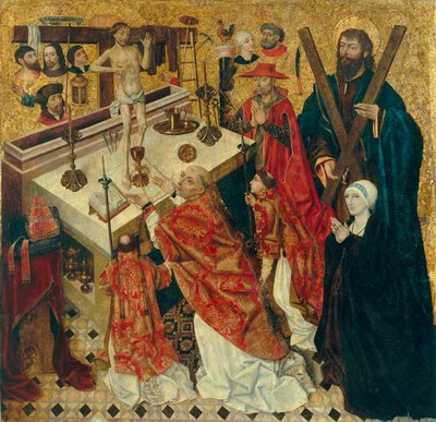 Messe de saint Gregoire - Msza św. Grzegorza Wielkiego - Obraz Diego de la Cruz (aktywny 1482-1500) - przed 1480 - Olej na drewnie - 168x168 - Museu Nacional d