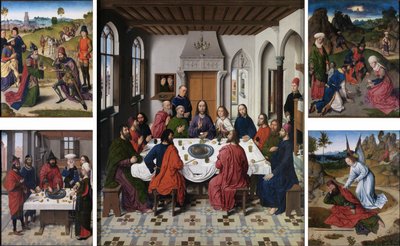 Zbieranie manny i Pascha (rewers po lewej), Ostatnia Wieczerza (środek), Spotkanie Abrahama i Melchizedeka oraz Eliasz obudzony przez anioła (1 Krl 19:5-6) (rewers po prawej). autorstwa Dieric Bouts