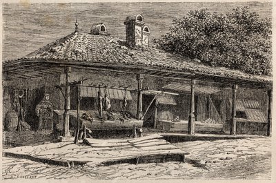 Sklep mięsny i piekarnia w Bukareszcie (Rumunia). Grawer ilustrujący podróż projektanta Lancelota z Paryża do Bukaresztu w 1860 r. w „Le tour du monde, nouveau journal des voyages”, wydanej pod kierunkiem Edouarda Chartona autorstwa Dieudonne Auguste Lancelot