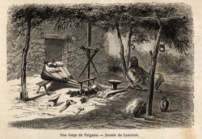 Kuźnia cygańska w regionie Wołoszczyzny w Rumunii. Rycina ilustrująca podróż z Paryża do Bukaresztu, autorstwa Lancelota, rysownika, w 1860 r., opublikowana w „Le tour du monde, nouveau journal des voyages”, pod kierunkiem Edouarda Chartona autorstwa Dieudonne Auguste Lancelot