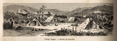 Wioska cygańska. Rycina ilustrująca podróż z Paryża do Bukaresztu, autorstwa Lancelota, rysownika, w 1860 r., opublikowana w „Le tour du monde, nouveau journal des voyages”, pod kierunkiem Edouarda Chartona autorstwa Dieudonne Auguste Lancelot