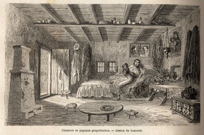 Dom właścicieli chłopów w okolicach Orezu (Wołoszczyzna, Rumunia). Rycina ilustrująca podróż z Paryża do Bukaresztu autorstwa Lancelota, rysownika, w 1860 r., opublikowana w „Le tour du monde, nouveau journal des voyages”, pod kierunkiem autorstwa Dieudonne Auguste Lancelot
