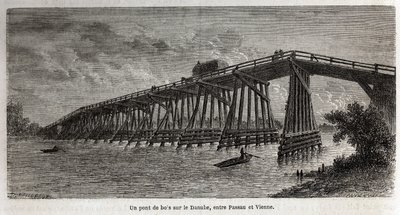 Drewniany most na Dunaju, między Pasawą a Wiedniem, rysunek Lancelota, ilustrujący podróż Victora Duruya z Paryża do Bukaresztu w 1860 roku. Rycina w „Le tour du monde” pod redakcją Edouarda Chartona autorstwa Dieudonne Auguste Lancelot