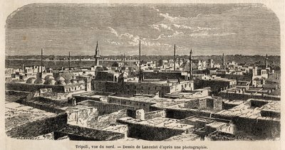 Ogólny widok Trypolisu, rysunek Lancelota, ilustrujący spacery trypolitańskie barona de Kraffta w 1860 roku. Grawer w „Le tour du monde” 1861. Kolekcja Selvy. autorstwa Dieudonne Auguste Lancelot