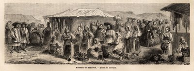 Chodząca populacja Tesmevaru (lub Timisoary) w Rumunii. Rycina ilustrująca podróż z Paryża do Bukaresztu autorstwa Lancelota, rysownika, w 1860 r., opublikowana w „Le tour du monde, nouveau journal des voyages”, pod kierunkiem Edouarda Chartona autorstwa Dieudonne Auguste Lancelot