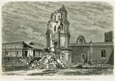 Wieża katedry w Manili, po trzęsieniu ziemi 18 lipca 1880 r. Grawerowanie wykonane przez Lancelota ilustrujące historię Lucon i Palaouan, sześć lat na Filipinach, autorstwa Alfreda Marche autorstwa Dieudonne Auguste Lancelot
