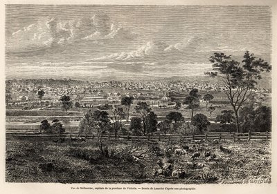 Widok Melbourne (Australia), rysunek Lancelota, ilustrujący wspomnienia francuskiego skłotera w Australii w latach 1854-1859, autorstwa M. de Castella. Grawer w „Le tour du monde” 1861. Kolekcja Selvy. autorstwa Dieudonne Auguste Lancelot