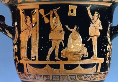 Czerwonofigurowy krater dzwonów: detal dekoracji przedstawiający scenę ze sztuki, detal ceramiczny z Apulii, 85027 autorstwa Dijon Painter