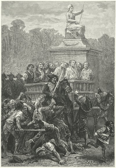 Tumbril pełen więźniów w drodze na gilotynę, rewolucja francuska (grawerowanie) autorstwa Diogene Ulysse Napoleon Maillart