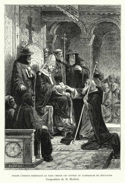 Piotr Pustelnik dostarczający papieżowi Urbanowi listy patriarchy Jerozolimy (rycina) autorstwa Diogene Ulysse Napoleon Maillart