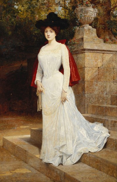 Portret kobiety stojącej na całej długości, ubranej w kremową sukienkę i czerwony płaszcz, autorstwa Diogene Ulysse Napoleon Maillart