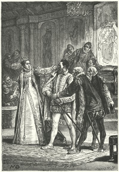 Hrabia Essex grozi, że wyciągnie miecz po tym, jak królowa Elżbieta I zakuła go w ucho za jego bezczelność, 1598 autorstwa Diogene Ulysse Napoleon Maillart