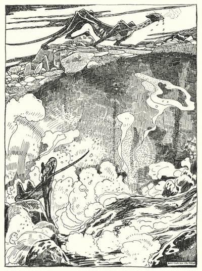 „Widzieliśmy, jak młode smoki schodzą do basenu, żeby się napić i oczyścić” (rycina) autorstwa Dion Clayton Calthrop
