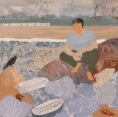 Chatki na plaży i skamieliny (kolaż) autorstwa Dione Verulam