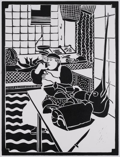 Ryba na sprzedaż, Sycylia, 2025 r. (linoryt) autorstwa Dione Verulam