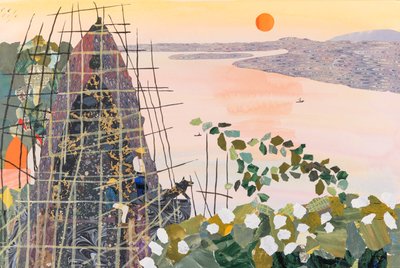 Mężczyźni o wschodzie słońca, Indie, 2020 (kolaż) autorstwa Dione Verulam