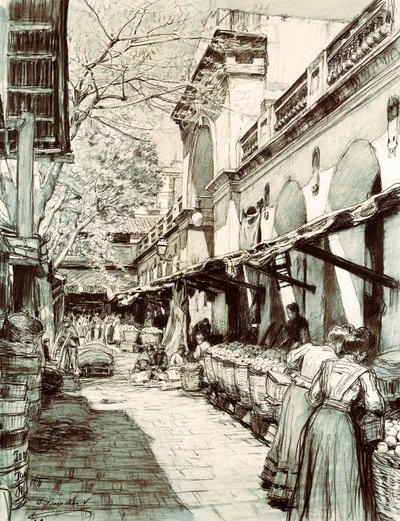 Plac rynku św. Katarzyny w Barcelonie (rysunek) autorstwa Dionisio Baixeras Verdaguer