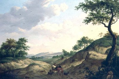 Zalesiony krajobraz z pasterzami i zwierzętami na skale autorstwa Dionys van Dongen