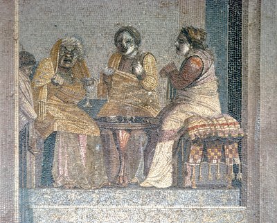 Mozaika rzymska przedstawiająca Scena z zabawy z zamaskowanymi aktorami, Willa Cycerona, Pompeje, II w. p.n.e autorstwa Dioscurides of Samos