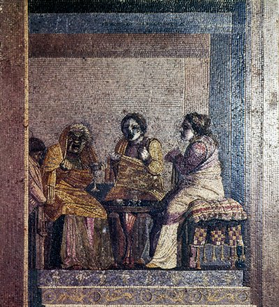 Mozaika rzymska przedstawiająca Scena z zabawy z zamaskowanymi aktorami, Willa Cycerona, Pompeje, II w. p.n.e autorstwa Dioscurides of Samos
