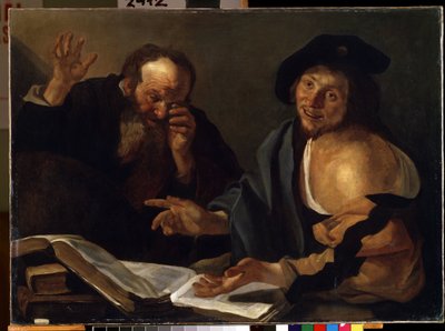 """"Heraklit i Demokryt"" Greccy filozofowie Heraklit z Efezu (Heraklit) (535-475 pne) i Demokryt (Demokryt) (460-370 pne). Obraz Theodore van Baburen (Dirk Baburen) (1570/90-1623/4) Muzeum Sztuk Pięknych Mikalo z XVII wieku autorstwa Dirck Baburen van