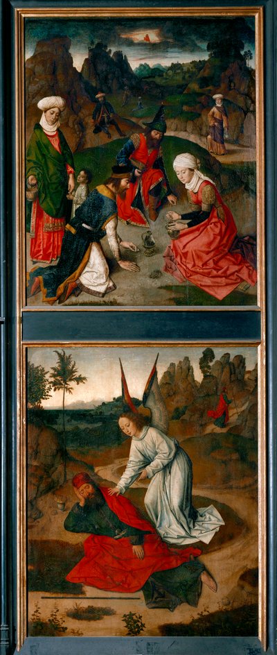 Ołtarz Ostatniej Wieczerzy, prawe skrzydło: góra: zbieranie manny na pustyni dół: anioł budzi proroka Eliasza (obraz na drewnie) autorstwa Dirck Bouts