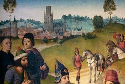 Kościół parafialny (Parochiekerk Sint-Pieter). Obraz. Ostatnia Wieczerza. Napady Dirka. 1464-1468. Szczegół. Lewy panel. autorstwa Dirck Bouts