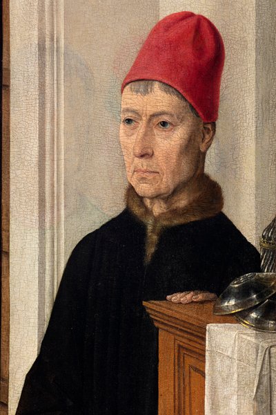 Kościół parafialny (kościół parafialny św. Piotra). obraz. Ostatnia Wieczerza. Napady Dirka. 1464-1468. Szczegół. centralny panel. autorstwa Dirck Bouts