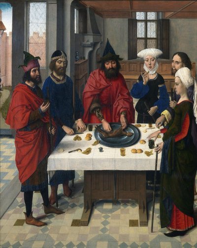 Ołtarz Najświętszego Sakramentu: Fragment lewego panelu przedstawiający żydowską Paschę. Obraz na drewnie Dircka (Dieric, Dirk) Bouts le Vieux (Starszy) (1410-1475) autorstwa Dirck Bouts