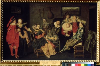 ""The Merry Company"" (The Merry Company) Przyjęcie w zamożnej holenderskiej rezydencji, stół elegancko ubranych mieszczan. Obraz Dircka Halsa (1591-1656) XVII wiek Wymiary 41x66 cm Muzeum Puszkina, Moskwa autorstwa Dirck Hals