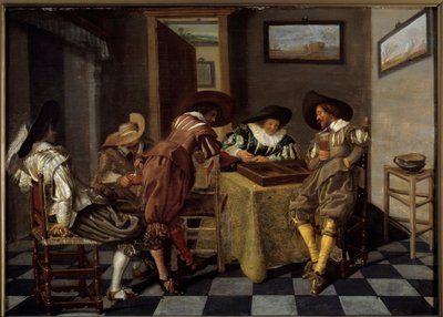 Część tri-trac (tri-trac: stara gra w tryktrak). Obraz Dirka Halsa (1591-1656), ok. 1615-1625. Olej na drewnie. Wymiary: 0,38 X 0,53m. Lille, Musee Des Beaux Arts - Gracze Tic-trac („Trictrac: starożytna gra w tryktrak”). Obraz Dirka Halsa (159 autorstwa Dirck Hals