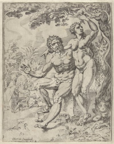 Adam i Ewa zbierają zakazany owoc Upadek i odkupienie ludzkości przez życie i mękę Chrystusa (tytuł serii) autorstwa Dirck Volckertsz. Coornhert (attributed to)