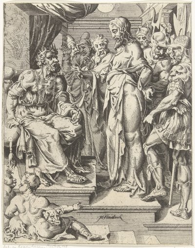 Chrystus przed Herodem Upadek i odkupienie ludzkości przez życie i mękę Chrystusa (tytuł serii) autorstwa Dirck Volckertsz. Coornhert (attributed to)