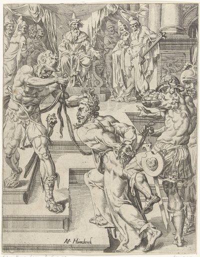 Chrystus przed Kajfaszem Upadek i odkupienie ludzkości przez życie i mękę Chrystusa (tytuł serii) autorstwa Dirck Volckertsz. Coornhert (attributed to)