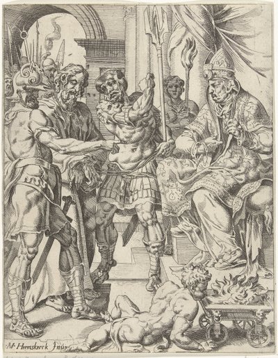 Chrystus przed arcykapłanem Annaszem Upadek i odkupienie ludzkości przez życie i mękę Chrystusa (tytuł serii) autorstwa Dirck Volckertsz. Coornhert (attributed to)