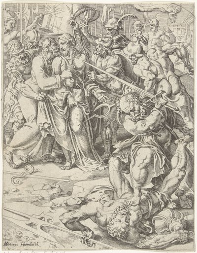 Pocałunek Judasza i aresztowanie Chrystusa Upadek i odkupienie ludzkości przez życie i mękę Chrystusa (tytuł serii) autorstwa Dirck Volckertsz. Coornhert (attributed to)