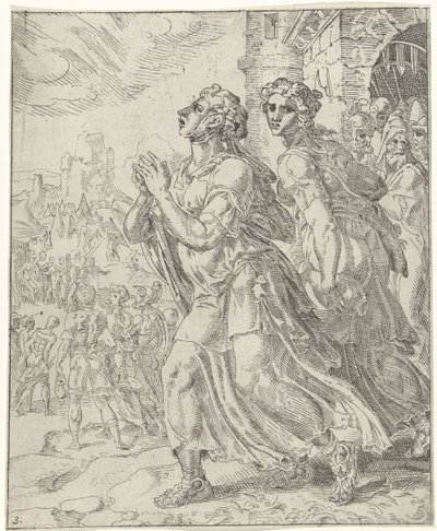 Judyta i jej sługa opuszczają Betulię Judit i Holofernes (tytuł serii) autorstwa Dirck Volckertsz. Coornhert (attributed to)