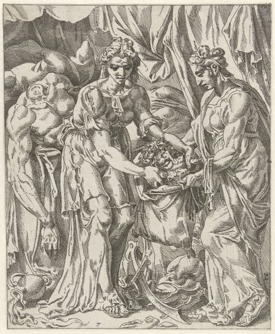 Judit wkłada głowę Holofernesa do worka Judit i Holofernes (tytuł serii) autorstwa Dirck Volckertsz. Coornhert (attributed to)