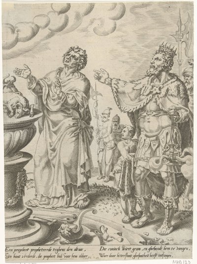 Król Jeroboam i mąż Boży przed ołtarzem Historia nieposłusznego człowieka Bożego (tytuł serii) autorstwa Dirck Volckertsz. Coornhert (attributed to)