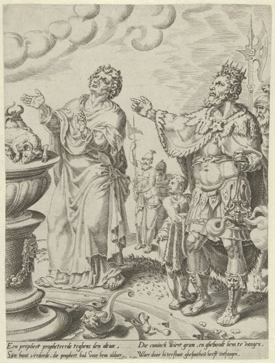 Król Jeroboam i mąż Boży przed ołtarzem Historia nieposłusznego człowieka Bożego (tytuł serii) autorstwa Dirck Volckertsz. Coornhert (attributed to)