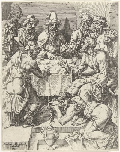 Maria Magdalena myje stopy Chrystusa Upadek i odkupienie ludzkości przez życie i mękę Chrystusa (tytuł serii) autorstwa Dirck Volckertsz. Coornhert (attributed to)