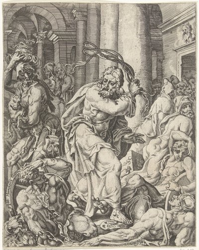 Wyrzucenie kantorów ze świątyni Upadek i odkupienie ludzkości przez życie i mękę Chrystusa (tytuł serii) autorstwa Dirck Volckertsz. Coornhert (attributed to)