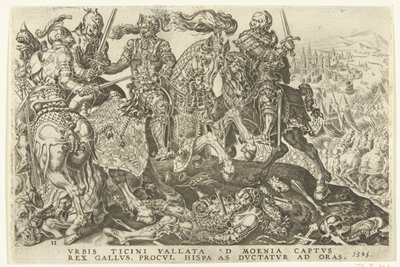 Zdobycie Franciszka I w bitwie pod Pawią, 1525 Zwycięstwa Karola V (tytuł serii) Divi Caroli. v. imp. optować. max victoriae, ex multis praecipuae (tytuł serii) autorstwa Dirck Volckertsz. Coornhert (possibly)