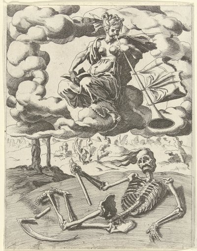Sława zwycięża śmierć Triumfy Petrarki (tytuł serii) autorstwa Dirck Volckertsz. Coornhert (possibly)