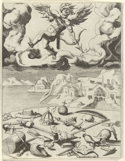 Zmysłowa miłość zwycięża ziemskie dążenia Triumfy Petrarki (tytuł serii) autorstwa Dirck Volckertsz. Coornhert (possibly)