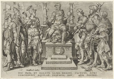 Cesarz Karol V otoczony pokonanymi przeciwnikami Zwycięstwa Karola V (tytuł serii) Divi Caroli. v. imp. optować. max victoriae, ex multis praecipuae (tytuł serii) autorstwa Dirck Volckertsz. Coornhert