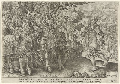 Kapitulacja księcia Saksonii na polu bitwy pod Mühlberg, 1547 Zwycięstwa Karola V (tytuł serii) Divi Caroli. v. imp. optować. max victoriae, ex multis praecipuae (tytuł serii) autorstwa Dirck Volckertsz. Coornhert