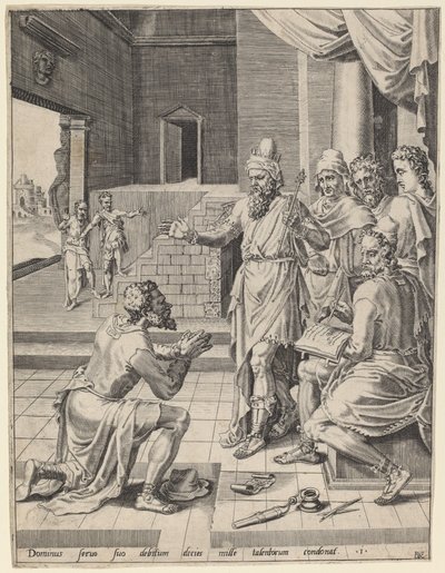 Król wybaczający swemu słudze swój dług autorstwa Dirck Volckertz Coornhert after Maerten van Heemskerck